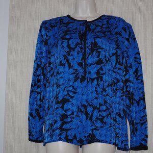 The Silk Farm Silk Blue Black Floral Long Sleeve Blouse Size:8 ( vintage)